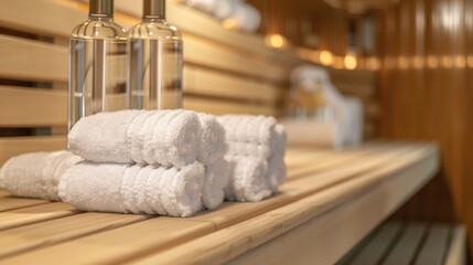 Towels and water bottles are provided for guests in a luxurious sauna on a cruise ship..