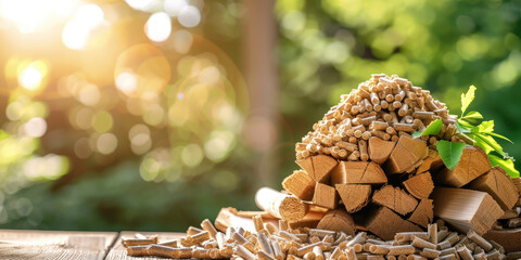 Pile of biomass wood pellets and a log of wood set against a softly blurred greenery background