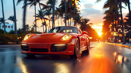 luxury red sports car drives fast on road at sunset at resort with palm trees. Motion blur