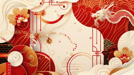 Chinese New Year 2025 modern art design set in red, gold and white for cover, card, poster, banner. Chinese zodiac Dragon symbol. Hieroglyph means Happy New Year and Dragon symbol AI generated