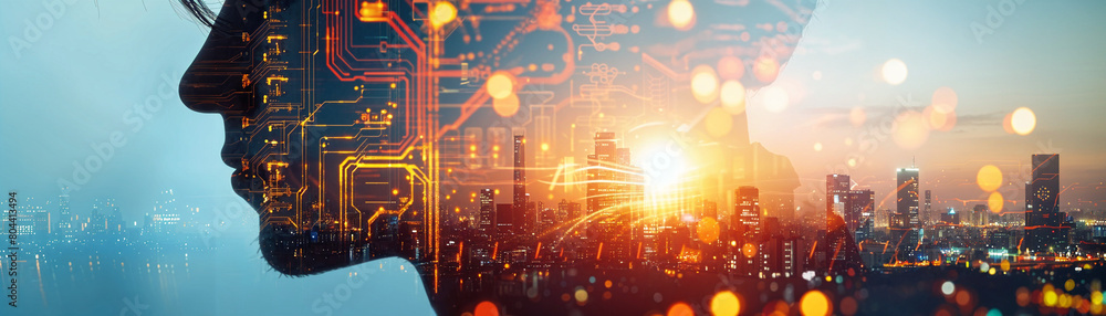 Poster digital fusion concept with human profile overlaid on a vibrant cityscape illuminated by network cir