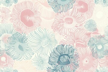 Floral pattern of pink and blue flowers on white and beige background with central pink and blue flower