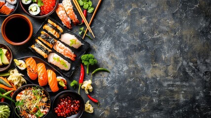 Assorted sushi and sashimi selection on dark, textured background