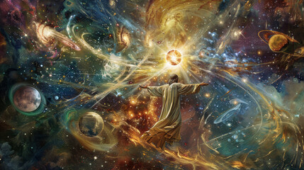 A cosmic tableau illustrating Christ's ongoing role in creation, showing Him as a divine conductor with arms outstretched, guiding the orbits of planets and stars.