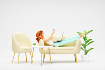 Cartoon smiling girl lying on sofa and using laptop and smartphone. Distance work, study and communication concept. 3d render - 804413646