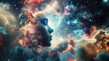Surreal image blending woman's face with vibrant cosmic scene, depicting mix of clouds and stellar elements