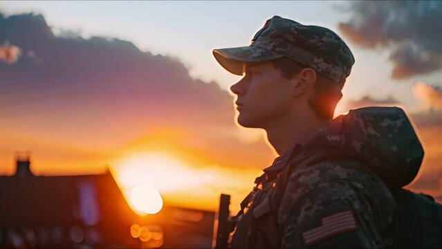 Soldier and USA flag silhouette at sunset, Independence Day moment