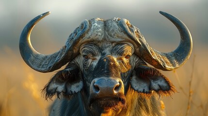 Close-up portrait of a cape buffalo (Syncerus caffer caffer) face and horns in Chobe National Park; Chobe, Bostwana Genrative AI