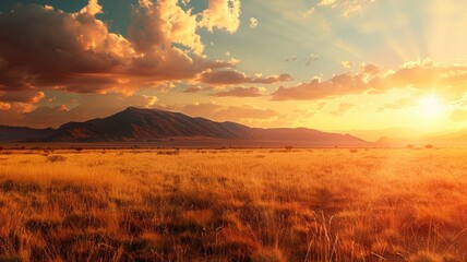 Obraz premium Sunset over vast grassland with mountain silhouettes and vibrant sky