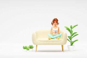 Cartoon smiling girl wearing headphones sitting on sofa and using smartphone. Distance work, study and communication concept. 3d render - 804413842