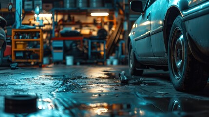 Car in workshop with spotlight illuminating area