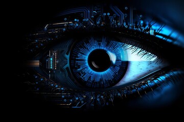 Detailed futuristic eye scan, hightech digital lines in blue neon, side angle, high contrast
