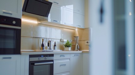 Fototapeta premium White Modern Kitchen Interior with Sink, Cabinets and Hardwood Floor in New Luxury Home