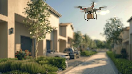 Drone delivering packages in a suburban area, eyelevel, efficient modern service, clear skies