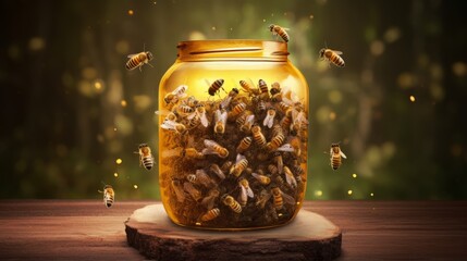 A jar of bees with a nest inside