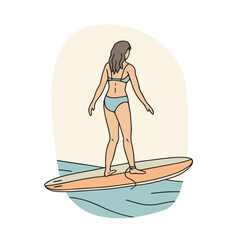Girl in a swimsuit on a surfboard. linear hand drawn vector illustration.