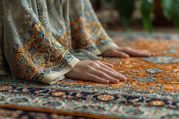 AI-Generated Islamic Patterns Illuminate 4K Background of a Mosque， prayer mat