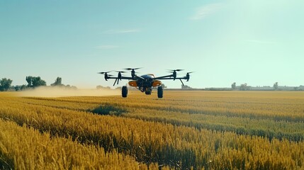 Drone seeding new field, efficient sowing technology, clear skies, dynamic wide shot