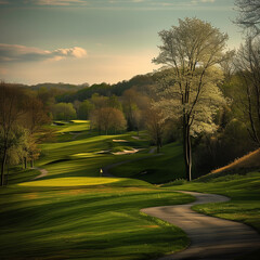 Obraz premium Serene Spring Golf Course Landscape at Sunset