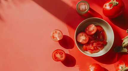 Ingredients for preparing canned tomatoes on color background