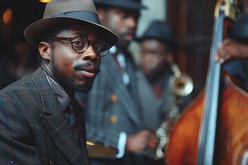 A vibrant jazz band under soft, dusky light, drummer in focus, shallow depth of field, film photo style,