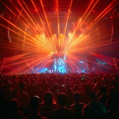 Cheering crowd at an EDM festival, laser lights show, fish-eye lens effect