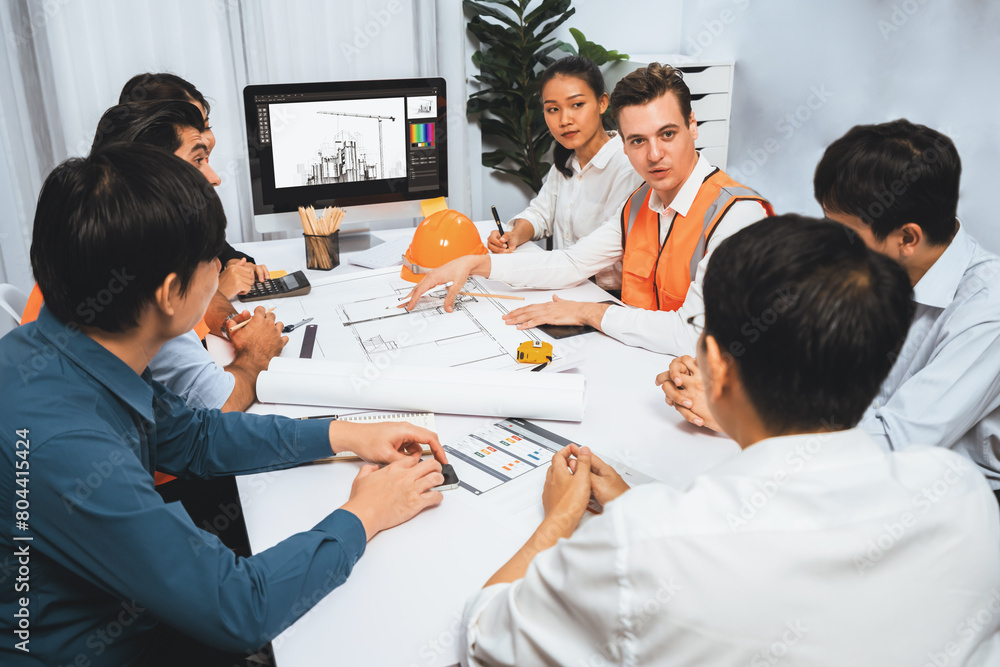 Poster diverse group of civil engineer and client working together on architectural project, reviewing cons