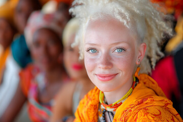 Young woman with albinism surrounded by individuals of various ages and ethnicities. International Albinism Awareness Day