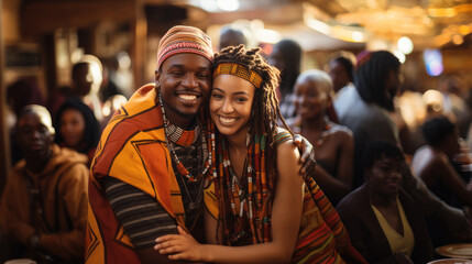 African Couple Celebrating with Traditional Attire in a Festive Crowd