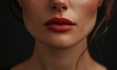 lose up portrait of a beautiful woman with perfect, smooth skin on her face and neck, a closeup of lips isolated over a black background