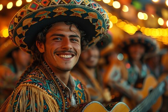 Colorful Mexican Mariachi festival, group in traditional suits, frontal view, festive mood lighting,