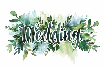 The inscription in soft green shades "Wedding" in a watercolor style. isolated on a white background.