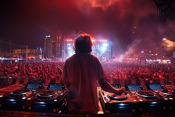 Electronic DJ on festival stage, vibrant neon lights, fish-eye lens view, crowd in background