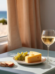 White wine and cheese platter served on the table	