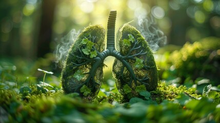 Healthy lungs filled with lush greens, moss, and flowers, set against a forest greenery background for World Asthma Day.
