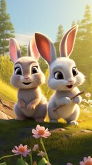 Couple of cute fluffy rabbits sits in a spring meadow.