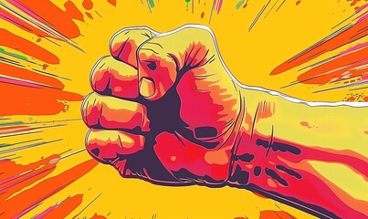 close up of clenched fists, with cartoon illustration style, vibrant colors