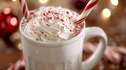 A decadent white hot chocolate infused with peppermint and topped with a generous dollop of whipped cream and a candy cane stir stick.