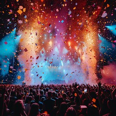Excited crowd at a pop concert, confetti explosion, vibrant colors, low angle shot