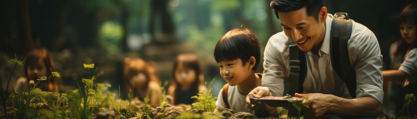 A father and son explore the wonders of nature together. They kneel down to examine a small plant, and the boy's eyes widen with excitement as he learns about the natural world.