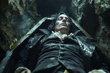 sleeping dead male vampire Count lying in coffin in dark frightening crypt