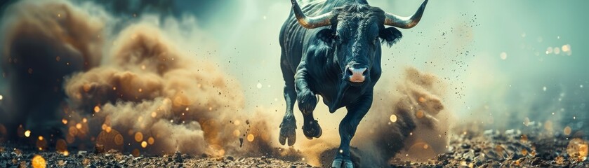 A strong and brave bull is running in the middle of a bullring. The bull is snorting and its horns are sharp. The bull is ready to fight.