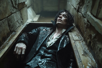 sleeping death young male vampire lying in coffin in a dark crypt in the cemetery
