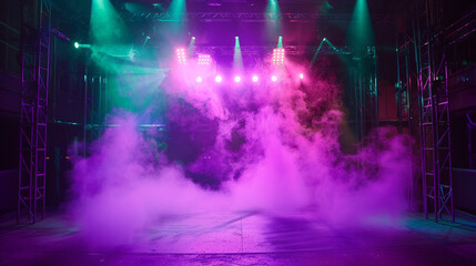 A stage bathed in neon violet smoke under a lime green spotlight, creating a vibrant, energetic atmosphere.