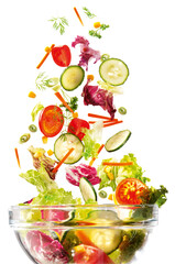 Salat fallend in Schüssel, Gemischter Salat, Salatbar, Salattheke