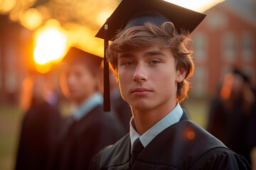 Young man in black gown and graduation cap in front of university at sunset light 