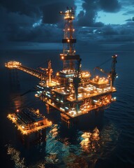 Nighttime scene at an offshore oil drilling platform