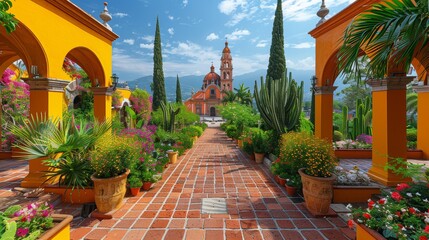Stunning View of Parroquia Archangel Church from a Vibrant Flower-Filled Garden in Jardin Town Square