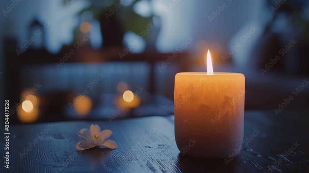 Poster a candlelit room with a flickering flame serving as the focal point while someone practices deep bre