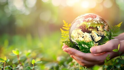 Captivating image of intertwined hands cradling a flourishing globe. Concept Earth Day, Global Harmony, Unity, Nature Conservation, Sustainable Living